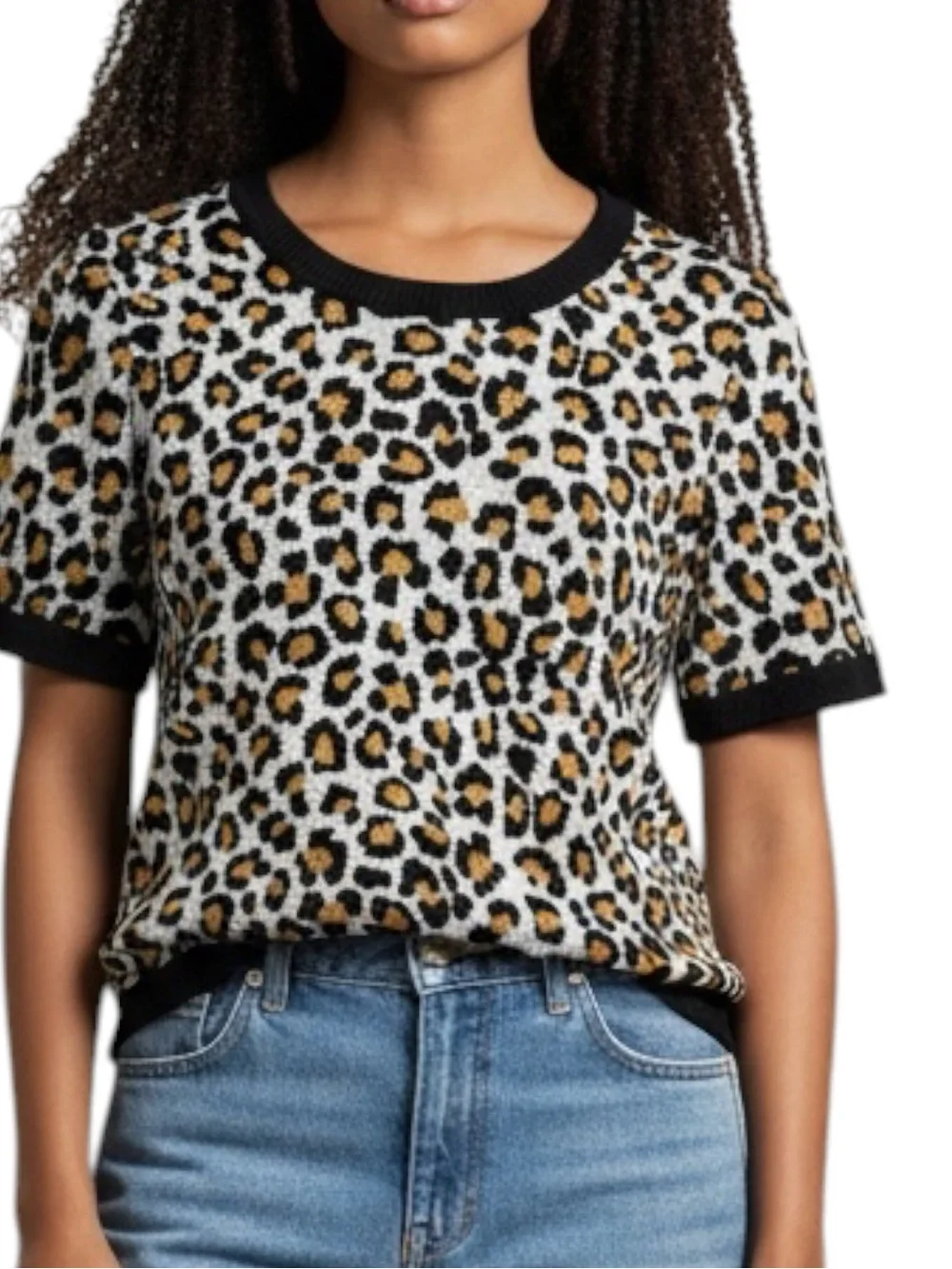 Michael Kors Leopard Print Short knit Sleeve Top - Black, Tan